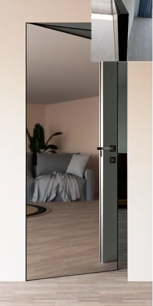 Межкомнатные двери скрытого монтажа «Hide-16-mirror» Фаворит с черным алюминиевым торцом